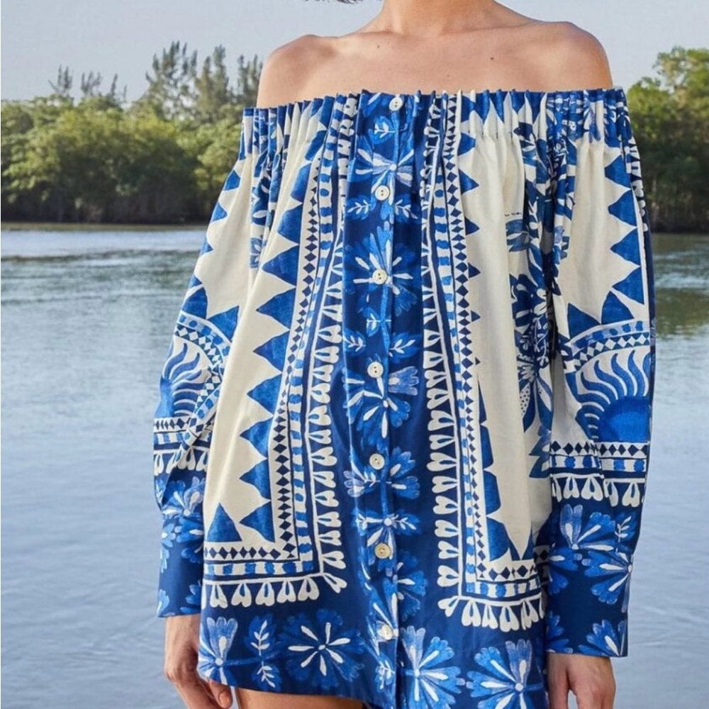 FARM Rio Blue and White Floral Off Shoulder Top